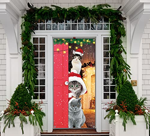 Funny Cats Christmas Door Banner - Santa Cats Decoration 6.6 x 3 ft