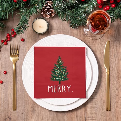 Wrapaholic 50 Pcs 3-Ply Christmas Napkins 6.5x6.5 Red with Tree & Merry