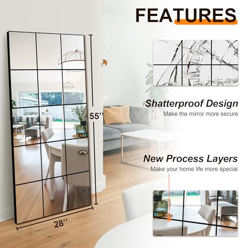 Delma 28x55 Black Window Pane Full Length Wall Mirror - Modern Home Decor
