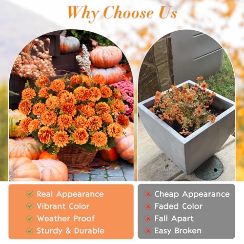 Waipfaru 8 Pcs Fall Artificial Mums in Orange - Realistic Faux Flower Decor