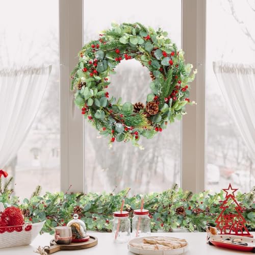 YLOLUL 6.5 Ft Artificial Eucalyptus Garland with Red Berries & Pinecones Pinecone Variant for Christmas Holiday Home Decor