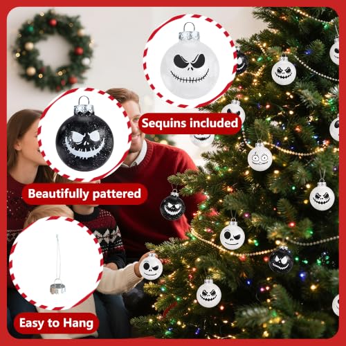 HTTHPVASE 12-Pack Night Nightmare Black & White Skull Christmas Ball Ornaments 2.36" 60mm Shatterproof