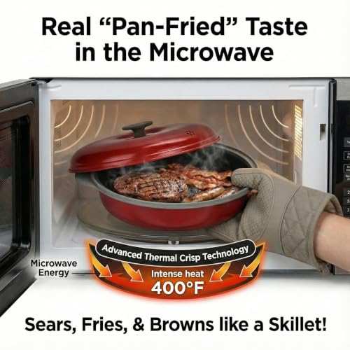 Microwave Frying Pan Skillet Grill & Crisper Pan with Lid - Non-Stick, Versatile Cooking