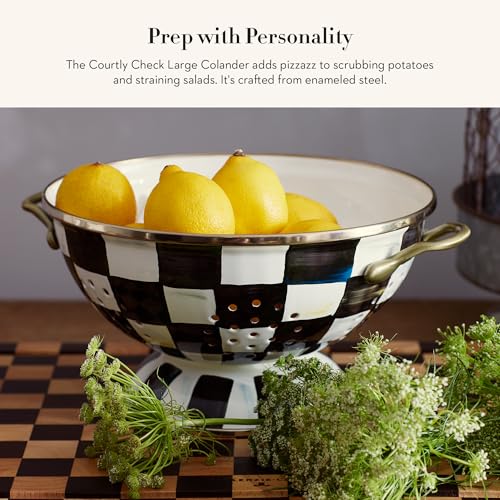 Large Enamel Colander with Black and White Check Pattern - Kitchen Strainer