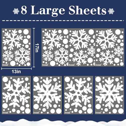 Ivenf Christmas Decorations Indoor Decor: 8 Sheets Extra Large White Snowflake Christmas Window Clings, Farmhouse Rustic Xmas Snowflake Decorations for Kids Home School Office Winter Holiday Party