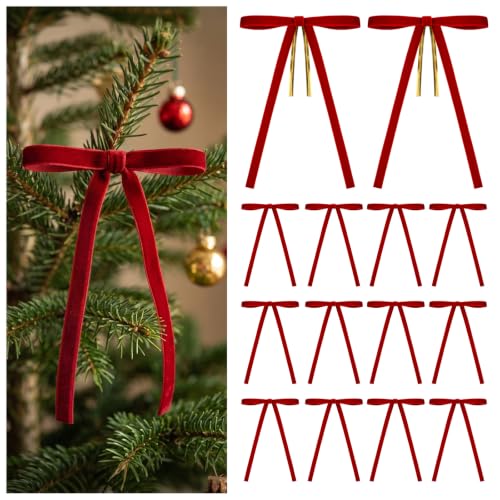 KINGLAKE 24 Pcs Red Velvet Bows 3/8'' for Christmas Tree — 5 x 7'' Velvet Decorations