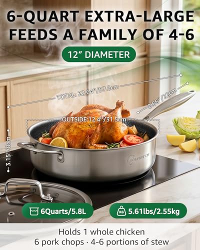Large 6-Quart Non-Stick Frying Pan with Lid - 12 Inch, Black, Detachable Handle