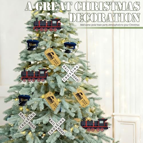 Oudain 12 Pcs Christmas Express Decor Train Ornaments - 4 Styles, Wooden Train Tickets, 2.76in - Variation: 12 / Train