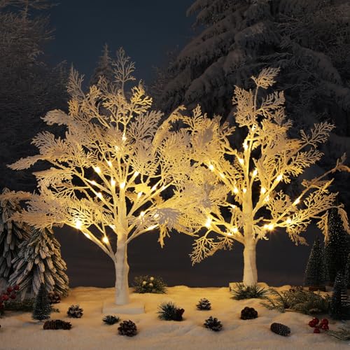 2 Pack 24 Inch Lighted Birch Trees - Christmas Flocked Tabletop Decor