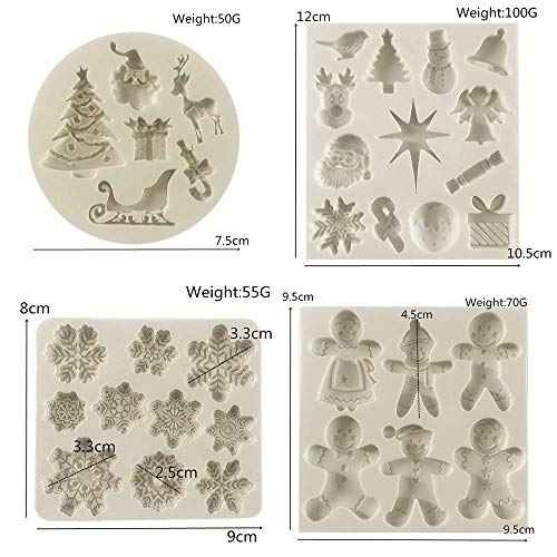 Set of 4 Christmas Fondant Molds, Xmas Cake Cupcake Decoration Silicone Chocolate Candy Mold, Christmas Tree/Gingerbread Man/Reindeer/Snowflake/Santa Claus Xmas Decor Resin Clay Molds