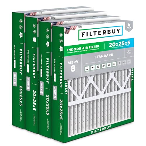 Filterbuy 20x25x5 MERV 8 Air Filter 19.88 x 24.75 x 4.38 - 4 Pack Dust & Allergy Control