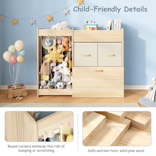Burlywood Toy Storage Organizer with Stuffed Animal Shelf - Kids Wooden Playroom Storage