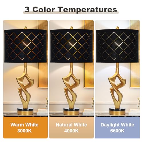 Black & Gold 29-Inch Modern Sculptural Table Lamps Set of 2 with 3 Color Temperatures