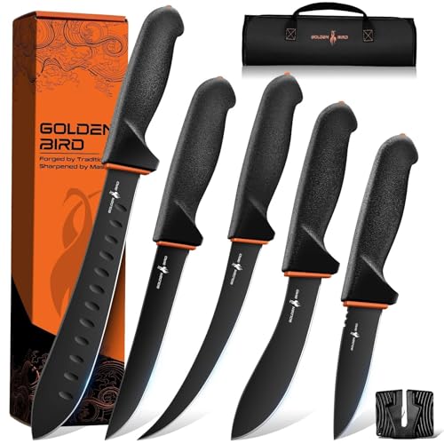 Golden Bird Butcher Knife Set - Non-slip Skinning with Roll Bag