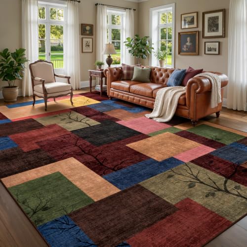 8' x 10' Colorful Geometric Area Rug - Non-Slip Modern Patchwork Carpet