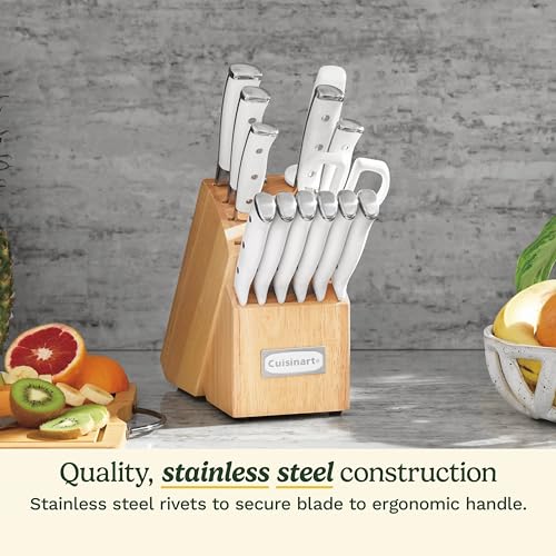 White 15-Piece Knife Set with Block - High Carbon Stainless Steel, Forged, Triple Rivet