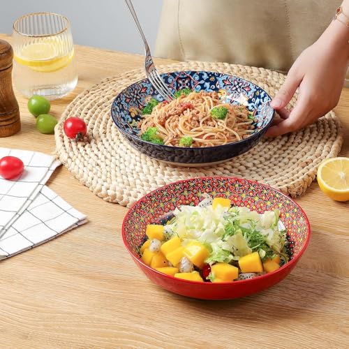 Large 30oz Colorful Ceramic Pasta Bowls Set of 6 - Bohemian Style Serving Dishes