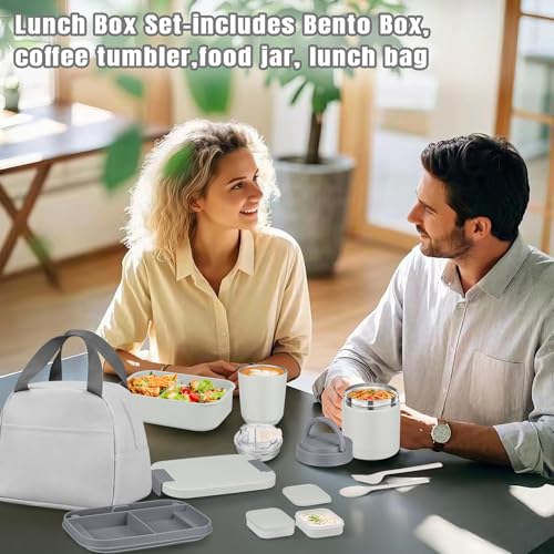 Gray Large Bento Lunch Box Set for Adults & Kids with Soup Thermo & Tumbler