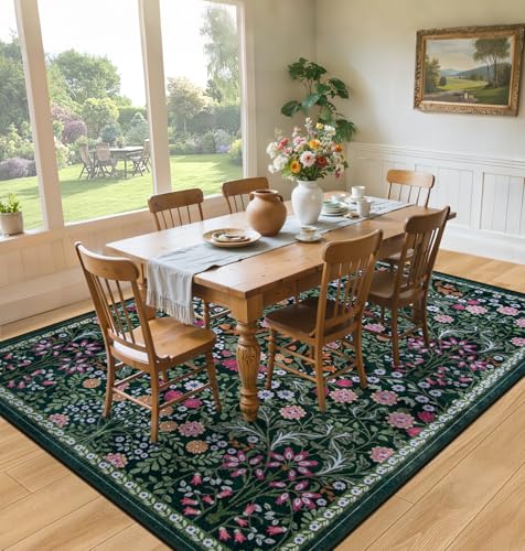 5x7 Floral Washable Area Rug - Dark Green Boho Living Room Carpet