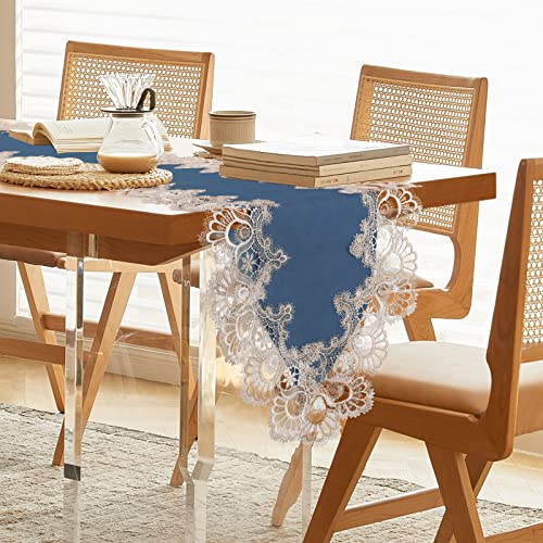 Blue 16x120 Inch Vintage Lace Table Runner - 120" PU/Poly with Macrame Edge