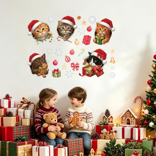 Meowy Christmas Cat Xmas Hat Kitten Wall Decal - 3D Holiday Decor for Kids & Pet Lovers