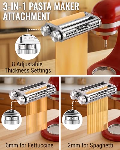 KitchenAid Pasta Maker Attachment 3-in-1 Metal Roller & Cutter for Fresh Homemade Pasta