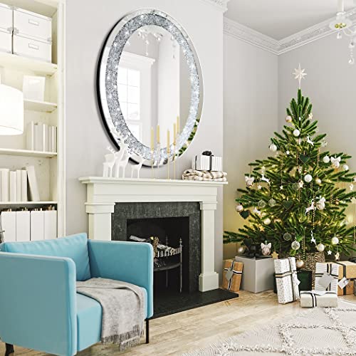 Oval Silver Mirror with Crushed Diamond Bling Wall Decor 32"L x 24"W - Frameless Glam Mirror