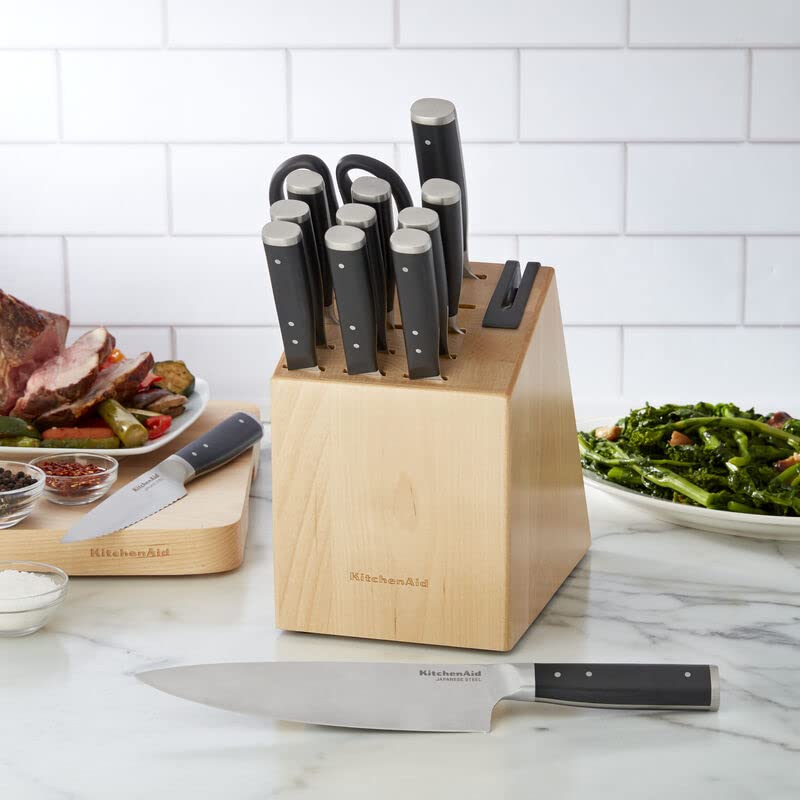 KitchenAid Black 14-Piece Forged Knife Block Set with Built-In Sharpener