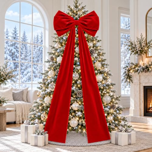 RINOLY Red Velvet Christmas Tree Topper Bow - Large 27.6 x 78.7 Inches
