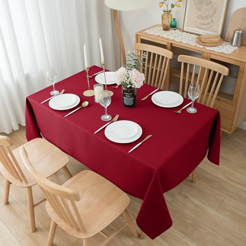 Biscaynebay Textured Fabric Christmas Rectangle Table Cloth 90x156 Inch, Red Water Resistant Tablecloths for Dining, Kitchen, Wedding and Parties, Machine Washable