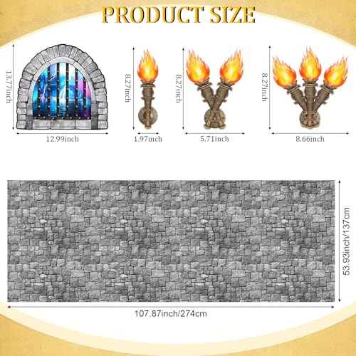 Zonon 11 Pcs Medieval Scene Setter Set Window Torch Props Plastic Brick Tablecloth Knight Themed Castle Decorations Medieval Party Decorations for Party Accessory(Dazzling Window)