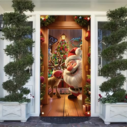 TOMHONG Christmas Door Cover Santa and Reindeer 71x35 Inch Front Door Decor for Holiday Party