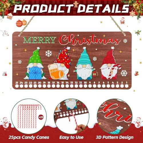 WaaHome Christmas Advent Calendar Welcome Sign 2025-7''x14.6'' Gnome Christmas Hanging Decorations Candy Canes Christmas Countdown Calender for Kids Christmas Home Wall Indoor Decor