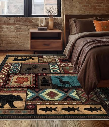 YIHOUSE 5x7 Brown Washable Rustic Cabin Area Rug - Non-Slip, Pet Friendly