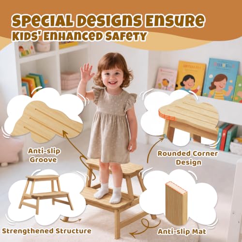 Natural Kids Step Stool with Cloud Design - 2-Step Bathroom & Kitchen Helper - Supports 300 lbs