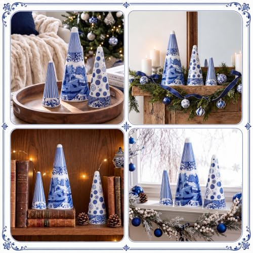 Reallnaive Blue and White Porcelain Christmas Tree Set - Chinoiserie Holiday Decor, 3 Sizes