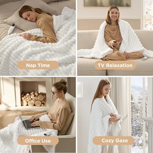 Full Size Heated Blanket - White, 6 Heat Levels & Auto Shut-Off, 72x84 inches, Fast Heating