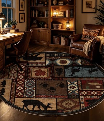6ft Round Washable Rustic Cabin Rug - Brown Southwestern Indoor Carpet