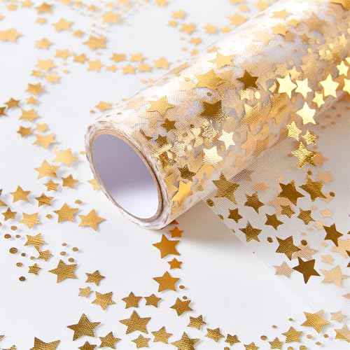 YATOJUZI Gold Table Runner,16 Ft Golden Star Sheer Chiffon Tulle Table Runner,Sequin Glitter Metallic Foil Gold Table Decorations Centerpiece for Wedding Birthday Christmas Party