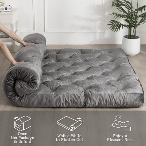 Japanese Floor Mattress Twin Size Foldable Futon Mattress Grey - Portable Tatami Pad for Camping & Guest Room