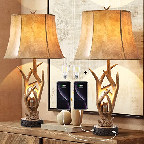 Dungoo 26" Rustic Antler Table Lamps Set of 2 with USB Ports - Vintage Brown