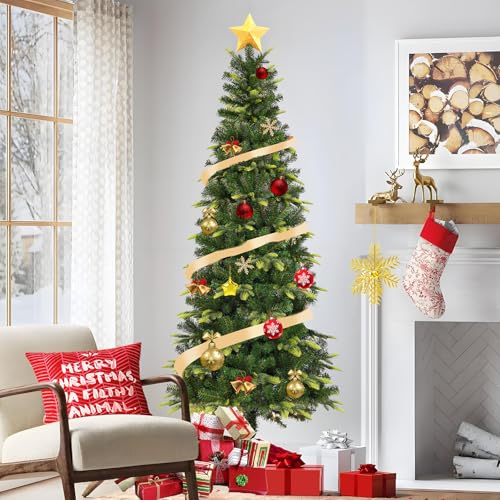 Uten 6ft Slim Pencil Christmas Tree with Mixed 600 Branch Tips - Foldable Stand, Easy Assembly, Holiday Decor