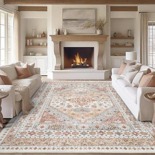 Zesthome 8x10 Orange Washable Area Rug - Non-Slip Geometric Living Room Carpet