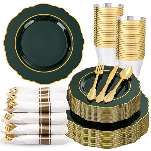 Liacere Green Plastic Plates 350pc Set with Gold Rim, 50 Guests Includes Napkins, Silverware & Cups - Green/Gold, 50 Dessert Plates