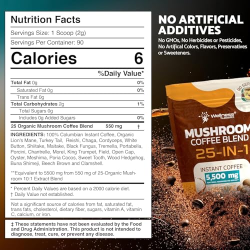 Organic Mushroom Coffee Instant 25-in-1 Lions Mane & Reishi Powder - 6.35 oz Pack of 2