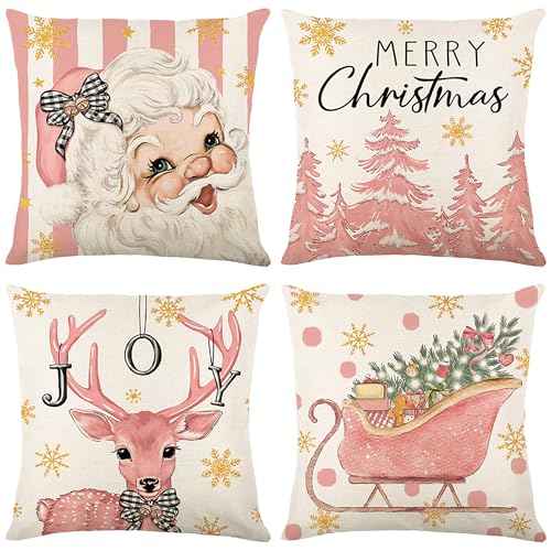 Christmas Pillow Covers, 18x18 Set of 4 Pink Xmas Pillow Covers Decor, Santa Snowflake Merry Christmas Tree Reindeer Joy Gift, Winter Pillowcase Decorative Throw Cushion Case for Sofa Caces