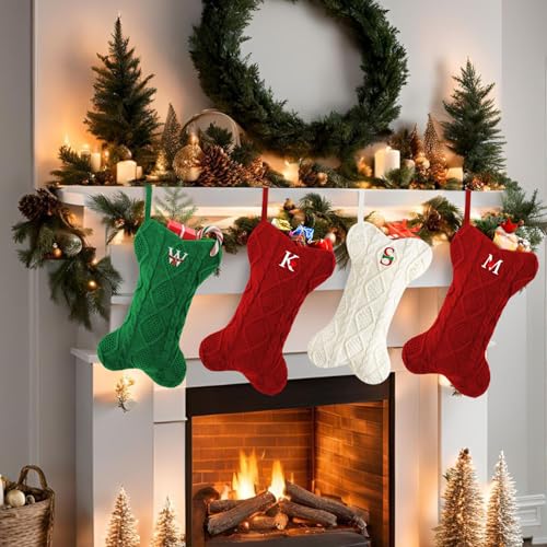 Dog Christmas Stocking with Initials, Large Knit Bone Shape Monogrammed Pet Christmas Stockings for Dogs Cats, Family Holiday Christmas Decorations with Christmas Stocking Holder (Red R)