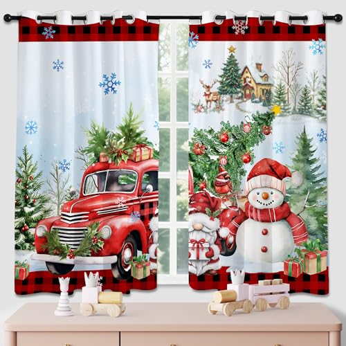 Unibyby Christmas Snowman & Red Truck Blackout Curtains 52"x84" Set 2 Panels, Holiday Window Treatment