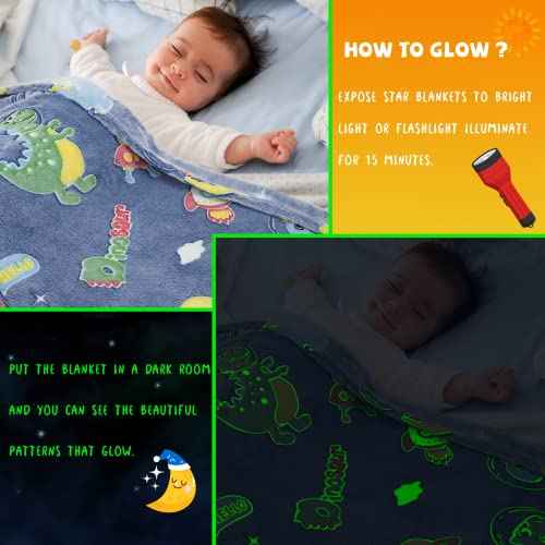REXEO Glow in The Dark Blanket Dinosaur Gifts Toys for Boys Birthday Gifts for Kids 1 2 3 4 5 6 7 8 9 10 Year Old Kids Blanket Glowing Dinosaur Room Decor Blankets for Toddler