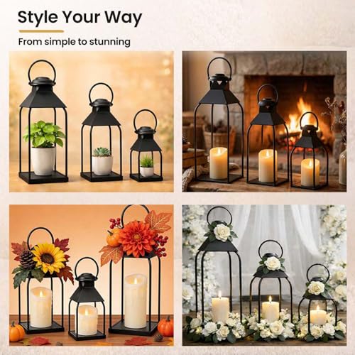 Round Top Black Metal Lanterns Set of 3 Outdoor Indoor Candle Holders - 20, 15.7, 12 Inches with Handle